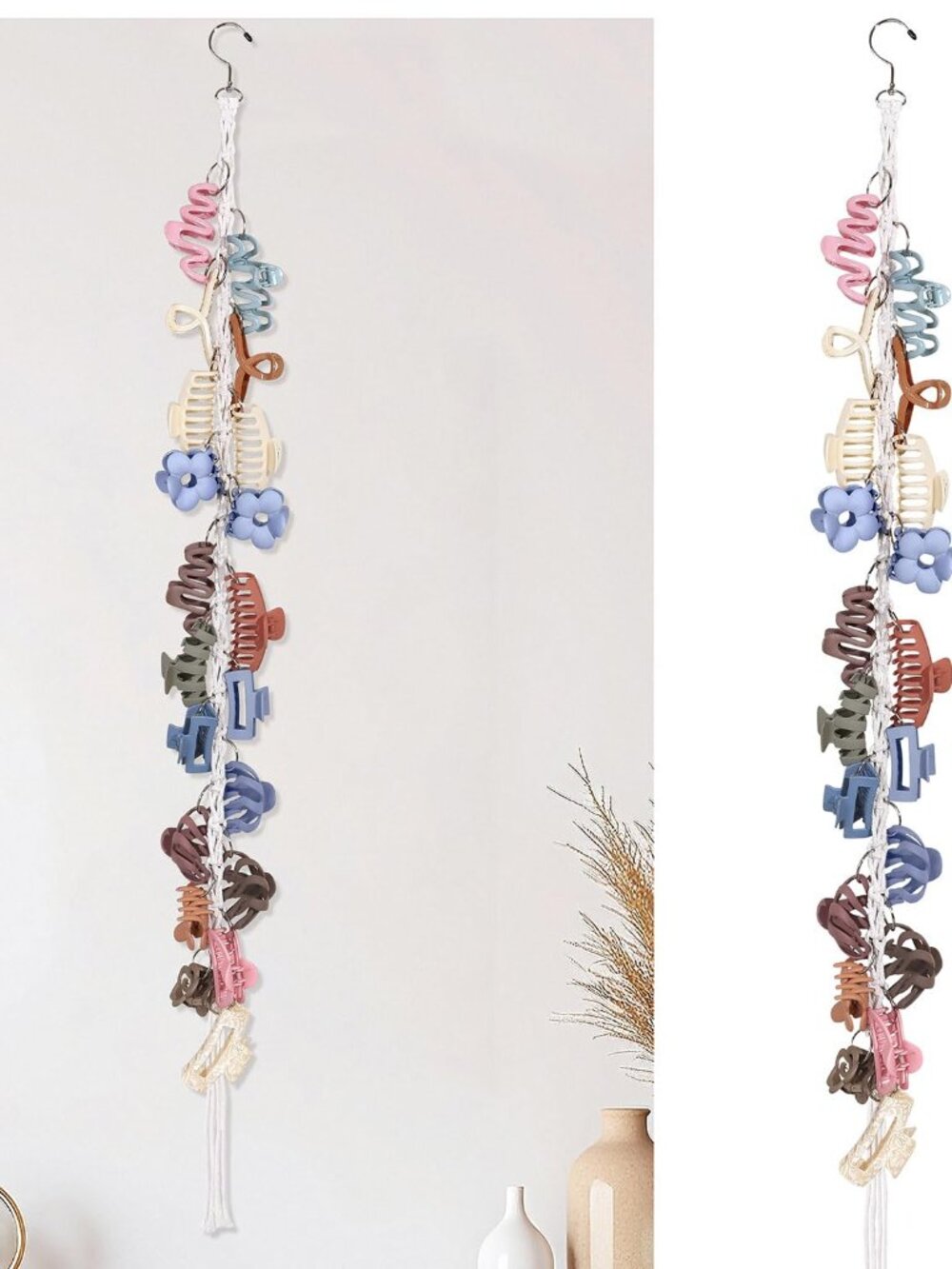 Macrame Hair with Rotating Hook and 20 Metal Rings,Hanging Hair Clip Holder and